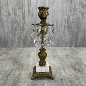 Vintage Brass, Glass & Marble Candle Holder with Glass Prism A. Beck NY #7 3285